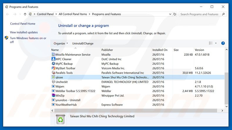 QkSee adware uninstall via Control Panel