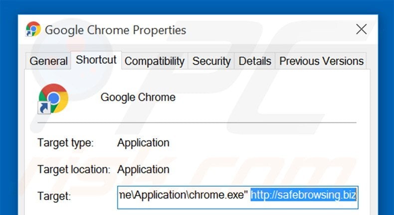 Removing safebrowsing.biz from Google Chrome shortcut target step 2