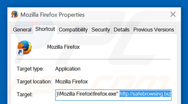 Removing safebrowsing.biz from Mozilla Firefox shortcut target step 2