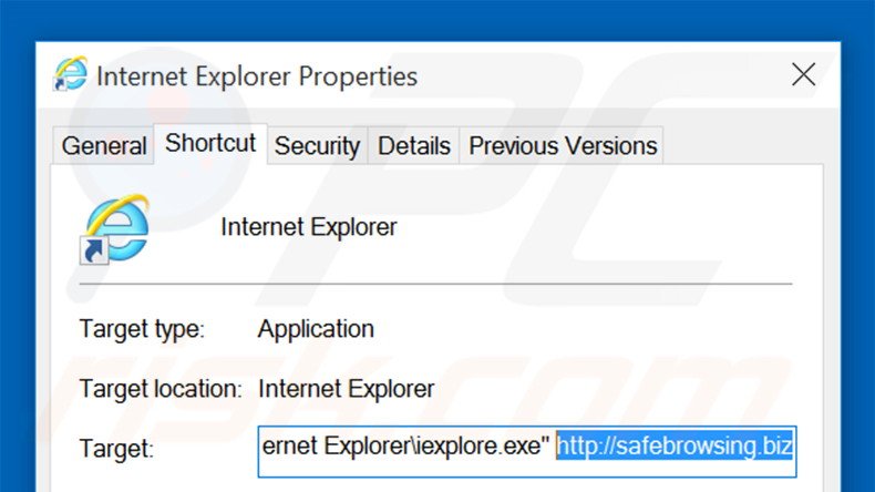 Removing safebrowsing.biz from Internet Explorer shortcut target step 2