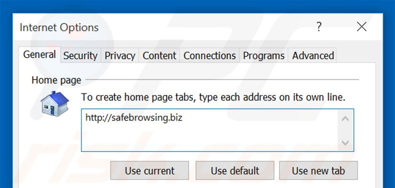 Removing safebrowsing.biz from Internet Explorer homepage