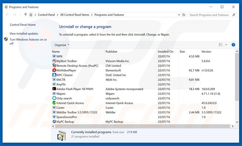 safebrowsing.biz browser hijacker uninstall via Control Panel