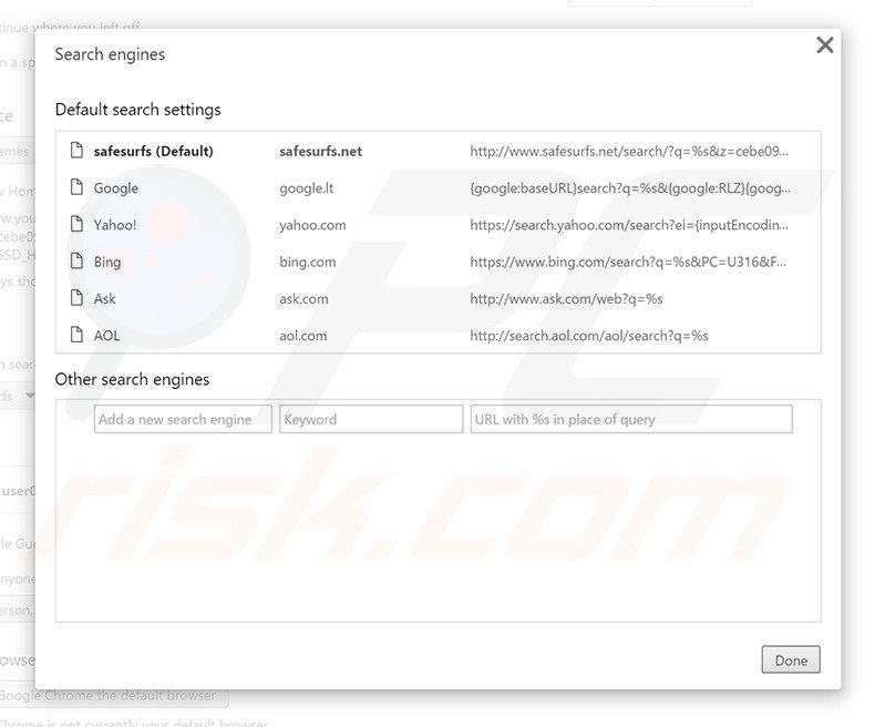 Removing safesurfs.net from Google Chrome default search engine