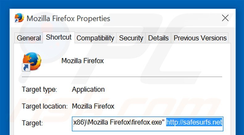 Removing safesurfs.net from Mozilla Firefox shortcut target step 2
