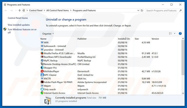 searchassistant.co browser hijacker uninstall via Control Panel