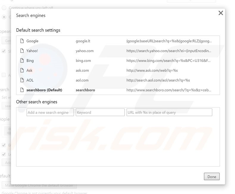 Removing searchboro.com from Google Chrome default search engine