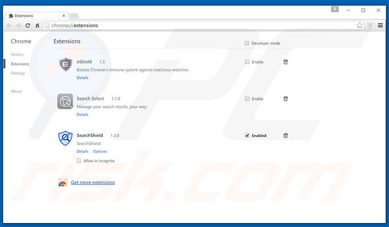 Removing searchshield.com related Google Chrome extensions