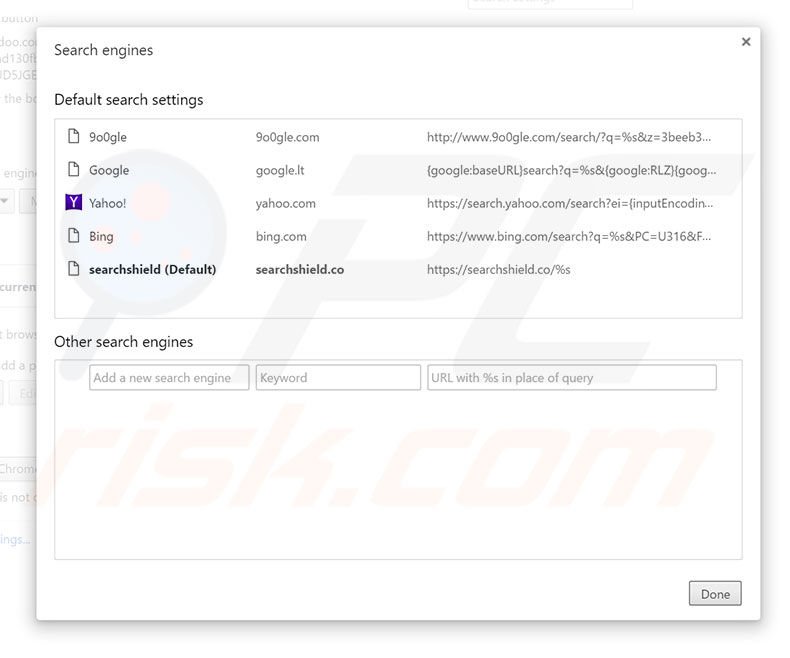 Removing searchshield.com from Google Chrome default search engine