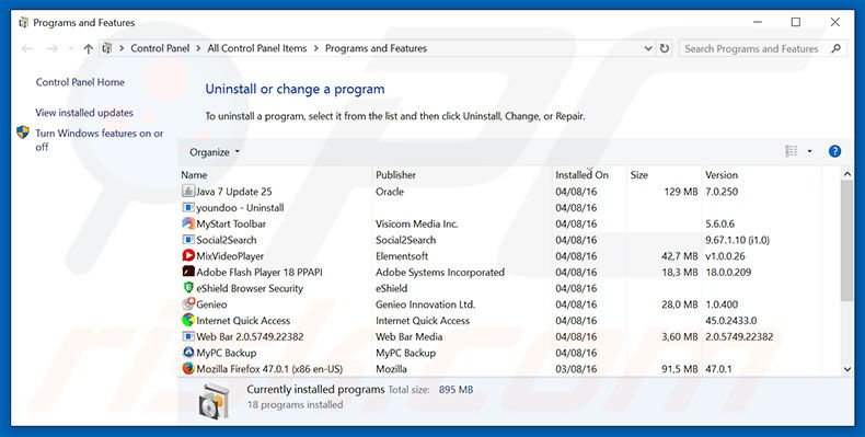 searchshield.com browser hijacker uninstall via Control Panel