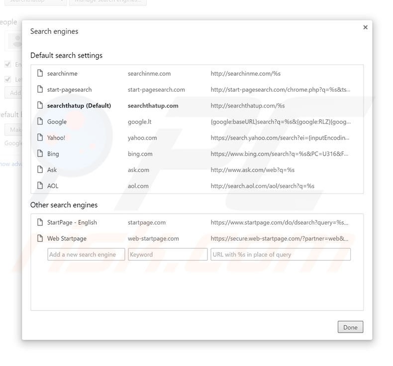 Removing searchthatup.com from Google Chrome default search engine