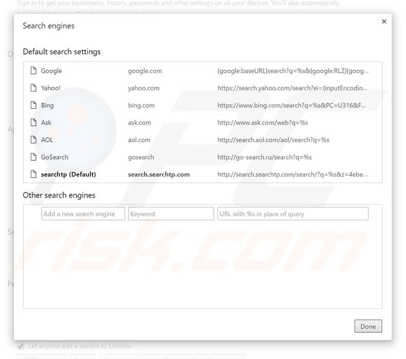 Removing search.searchtp.com from Google Chrome default search engine