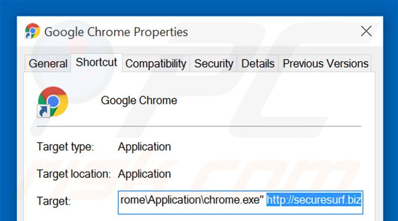 Removing securesurf.biz from Google Chrome shortcut target step 2