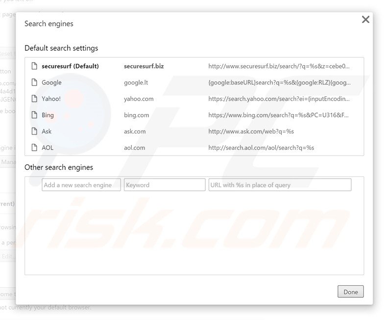 Removing securesurf.biz from Google Chrome default search engine