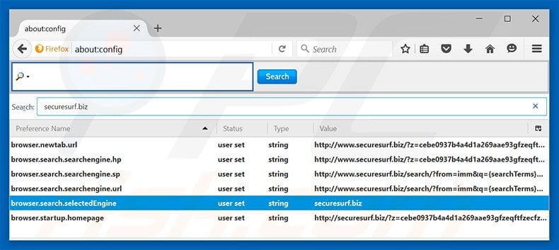 Removing securesurf.biz from Mozilla Firefox default search engine
