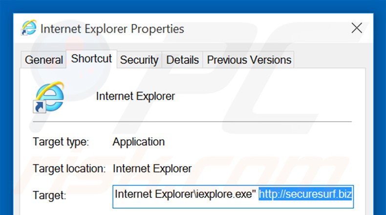 Removing securesurf.biz from Internet Explorer shortcut target step 2