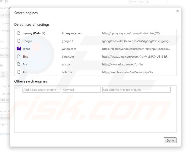 Removing hp.myway.com from Google Chrome default search engine