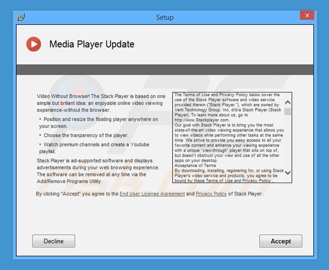 stack player adware installer