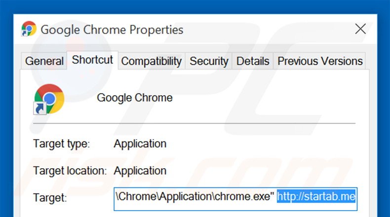 Removing startab.me from Google Chrome shortcut target step 2