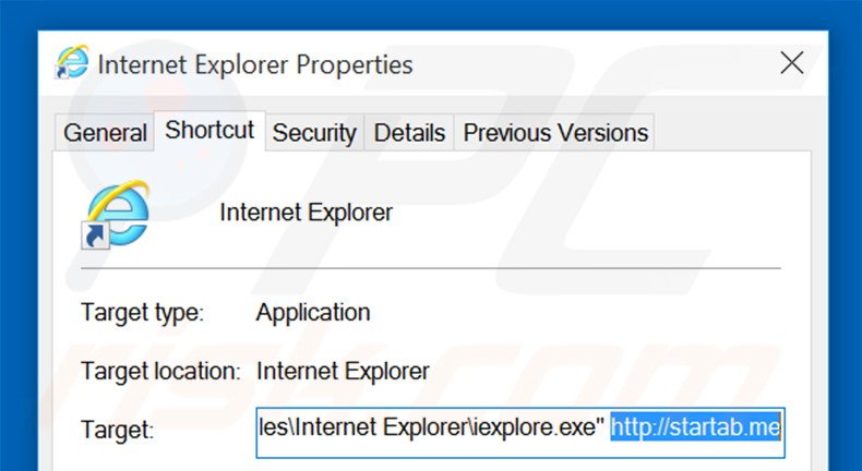 Removing startab.me from Internet Explorer shortcut target step 2