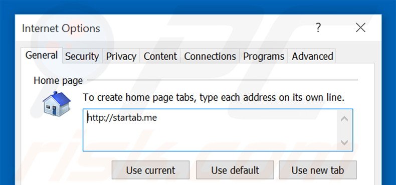 Removing startab.me from Internet Explorer homepage