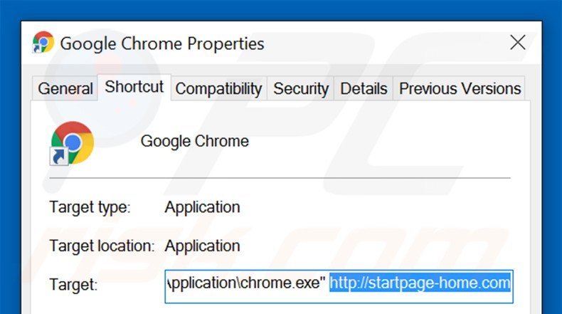 Removing startpage-home.com from Google Chrome shortcut target step 2