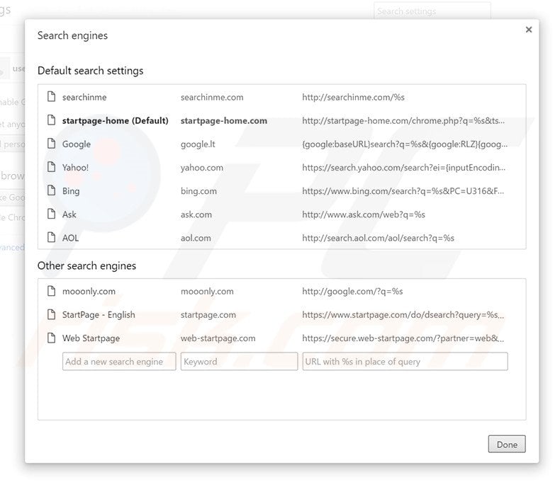 Removing startpage-home.com from Google Chrome default search engine