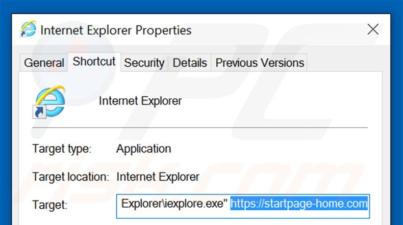 Removing startpage-home.com from Internet Explorer shortcut target step 2