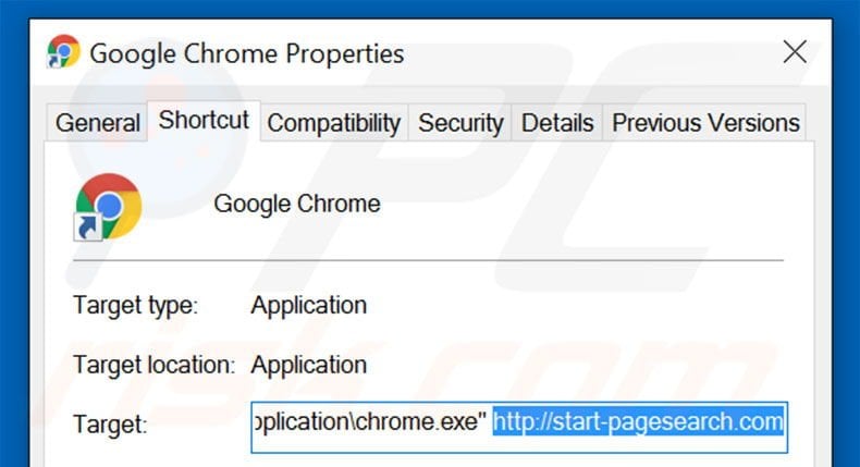 Removing start-pagesearch.com from Google Chrome shortcut target step 2