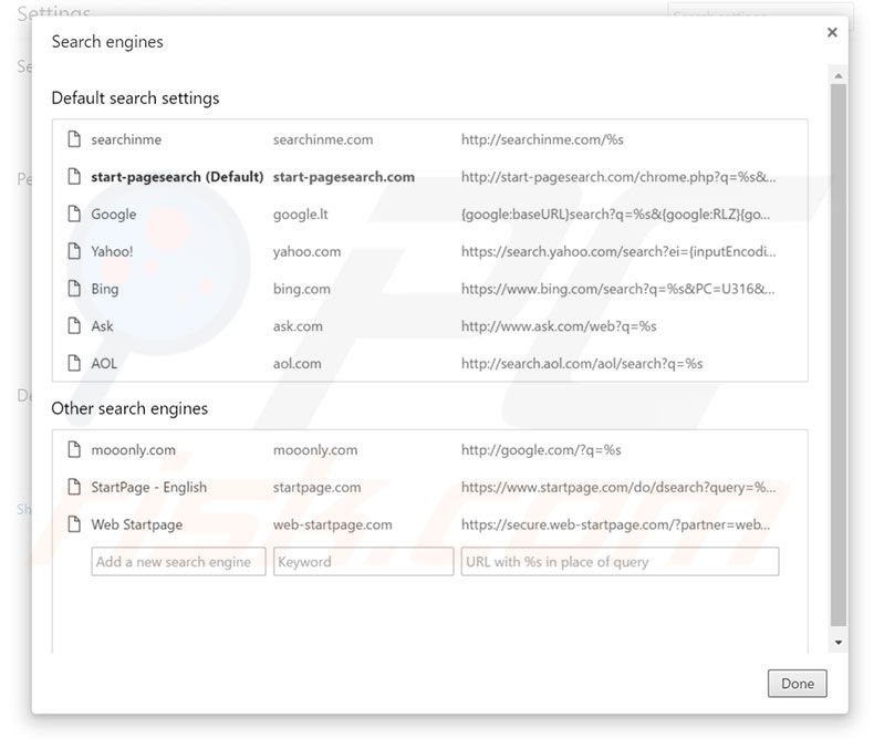 Removing start-pagesearch.com from Google Chrome default search engine