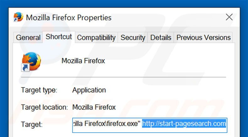 Removing start-pagesearch.com from Mozilla Firefox shortcut target step 2