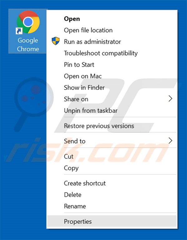 Removing tabs000.online from Google Chrome shortcut target step 1