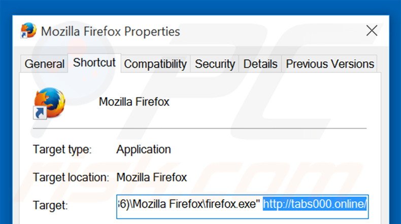 Removing tabs000.online from Mozilla Firefox shortcut target step 2