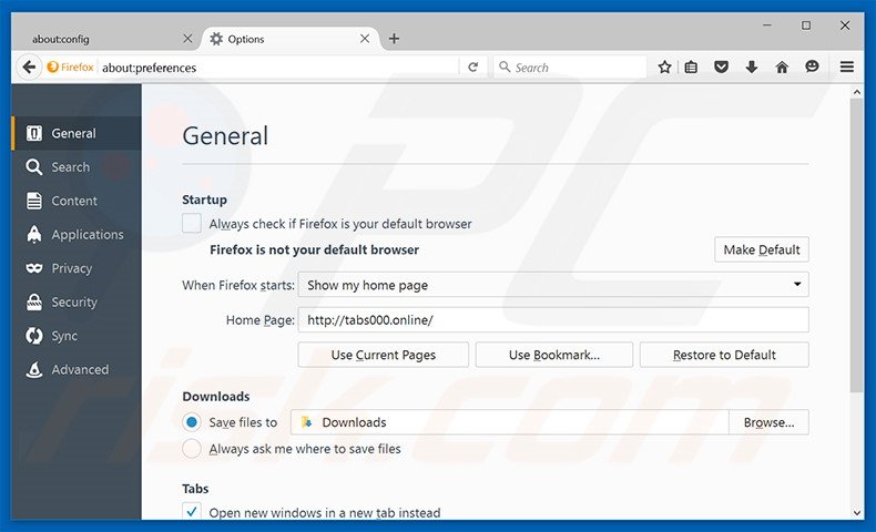 Removing tabs000.online from Mozilla Firefox homepage