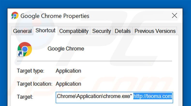 Removing teoma.com from Google Chrome shortcut target step 2