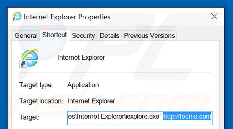 Removing teoma.com from Internet Explorer shortcut target step 2