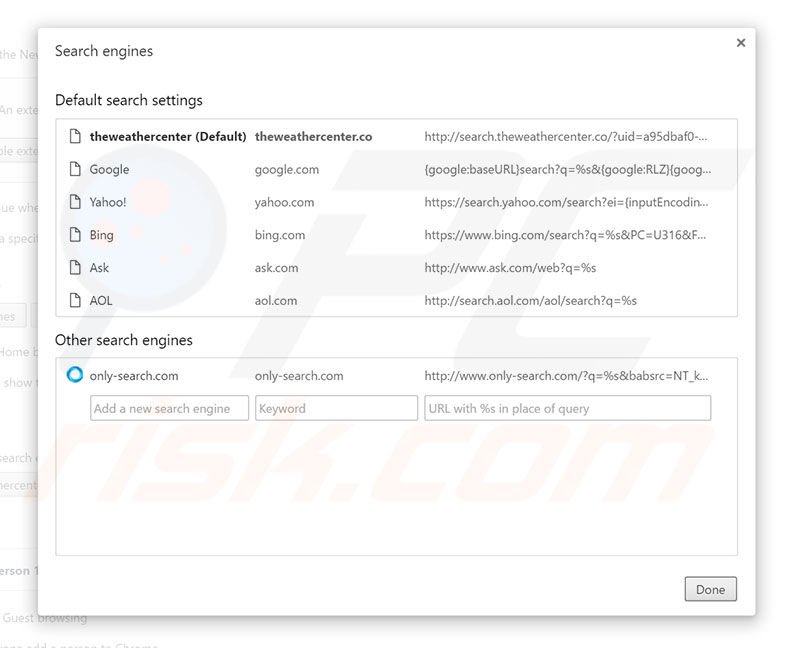 Removing search.theweathercenter.co from Google Chrome default search engine