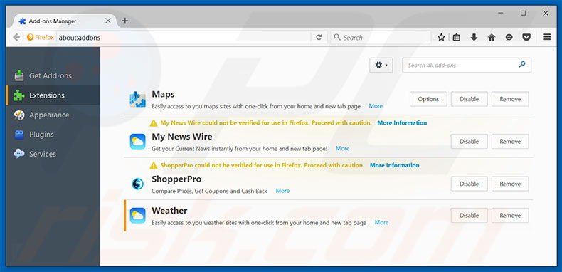Removing search.theweathercenter.co related Mozilla Firefox extensions