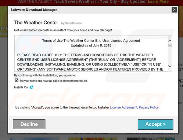 Official The Weather Center browser hijacker installation setup