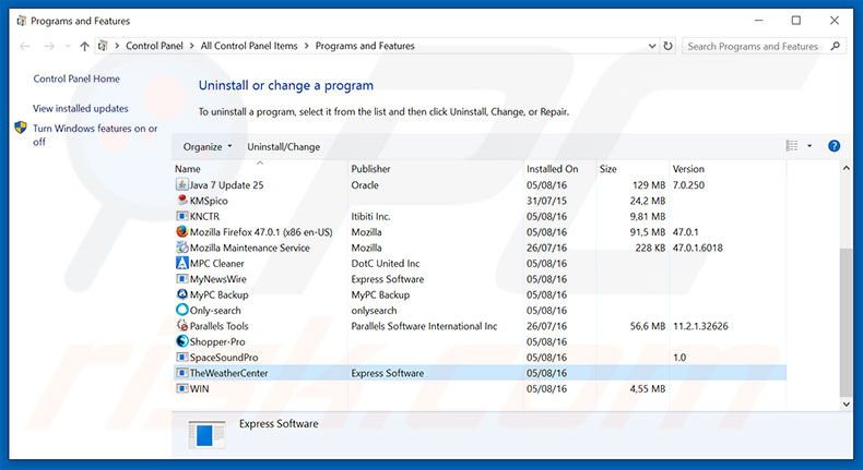 search.theweathercenter.co browser hijacker uninstall via Control Panel