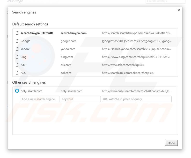 Removing search.searchtrmypa.com from Google Chrome default search engine