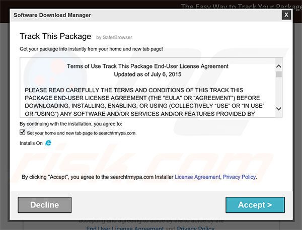 Official Track This Package browser hijacker installation setup