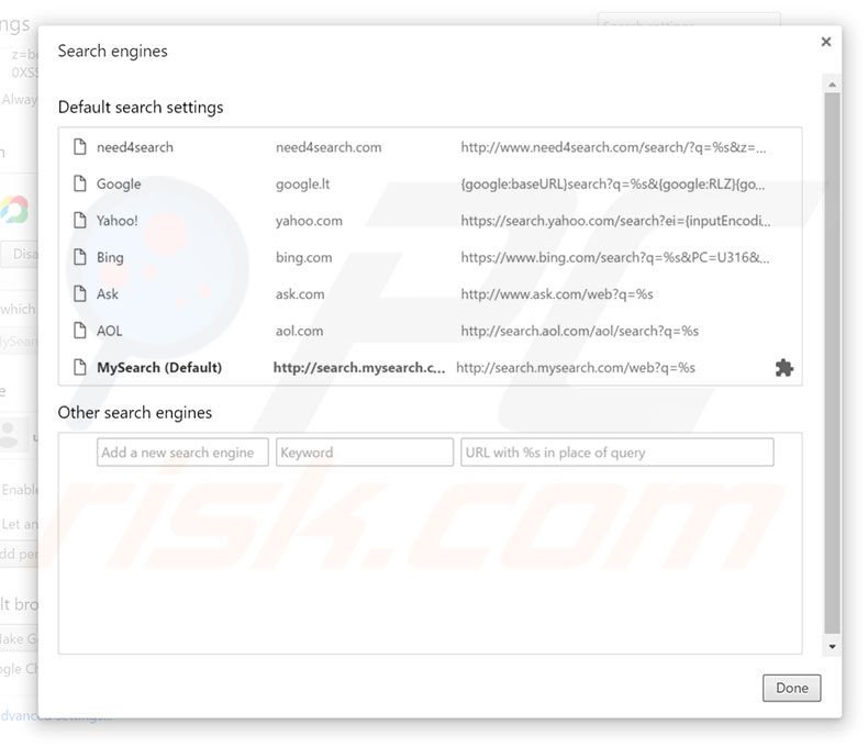 Removing search.mysearch.com from Google Chrome default search engine