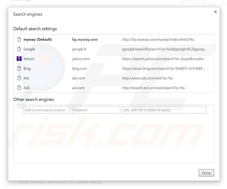 Removing hp.myway.com from Google Chrome default search engine