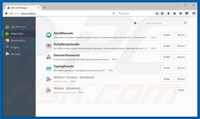 Removing hp.myway.com related Mozilla Firefox extensions