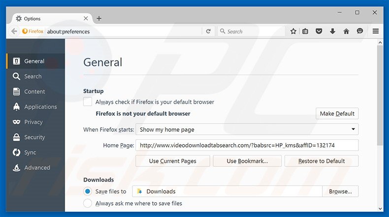 Removing videodownloadtabsearch.com from Mozilla Firefox homepage