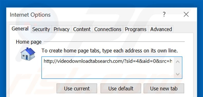 Removing videodownloadtabsearch.com from Internet Explorer homepage