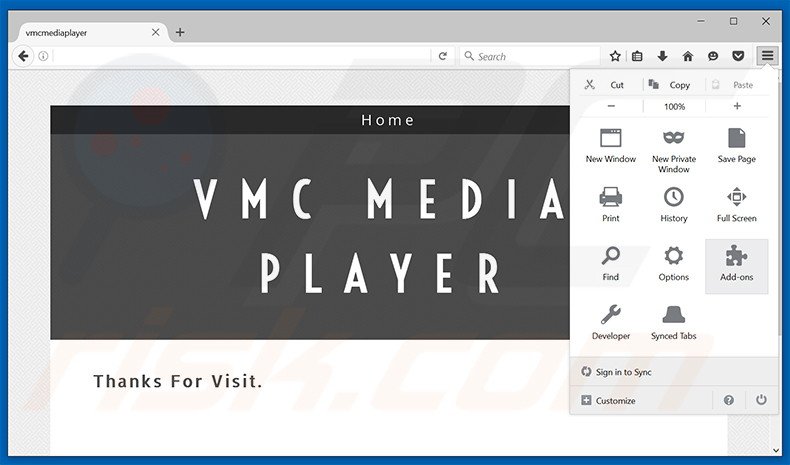 Removing VMC Media Player ads from Mozilla Firefox step 1