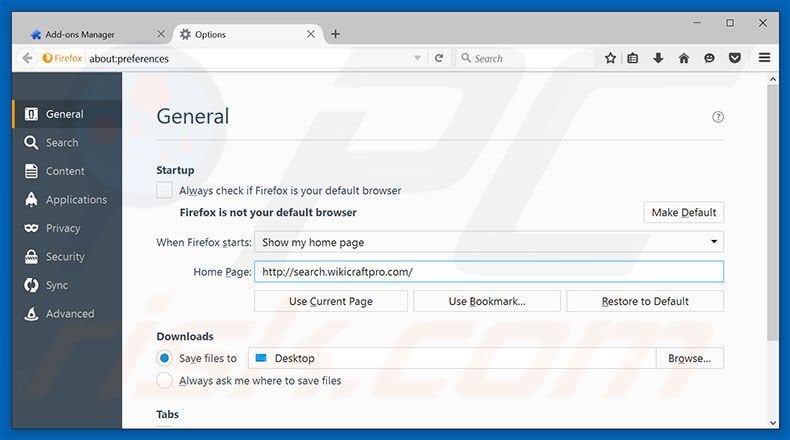 Removing search.wikicraftpro.com from Mozilla Firefox homepage