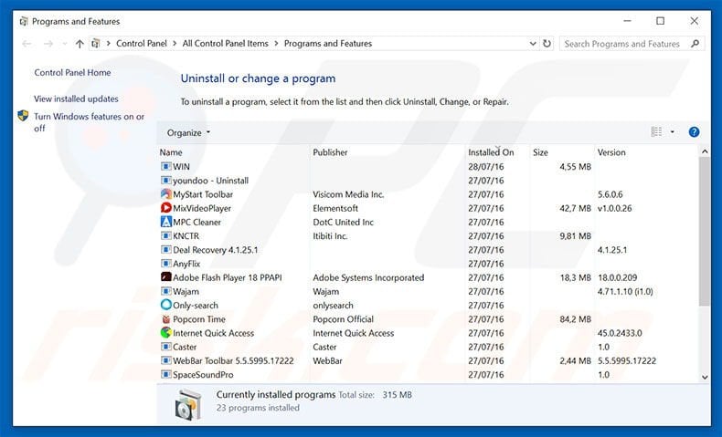 Windows Range Manager adware uninstall via Control Panel