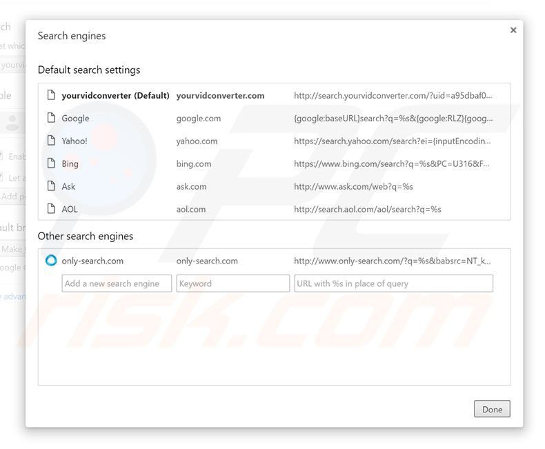 Removing search.yourvidconverter.com from Google Chrome default search engine